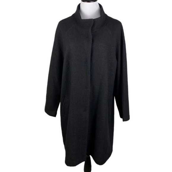 Cynthia Rowley Black Long 100% Wool Swing Coat Jacket Women's 1X Snap Front EUC - Picture 1 of 11